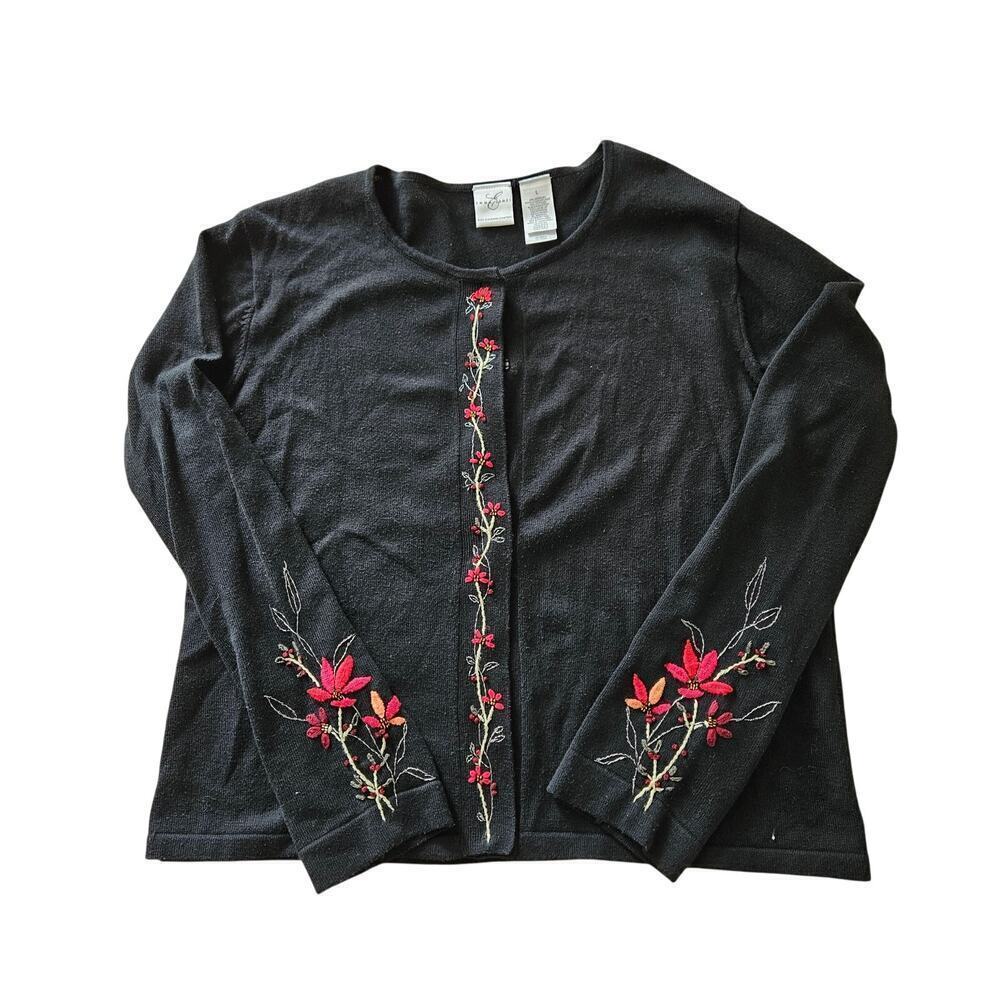 Floral Embroidery Black Snap Front Cardigan Womens Size Large - Picture 5 of 6